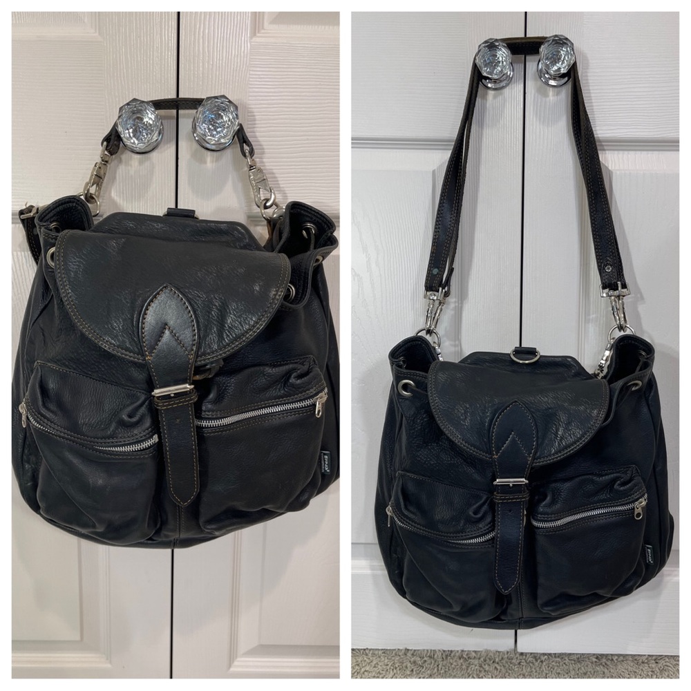 Vintage 90’s Rugby Black Leather Convertible Backpack Bag Tote - Made in Canada